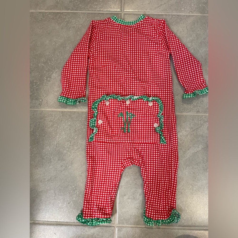 Red and Green Gingham Baby Romper “W” monogrammed